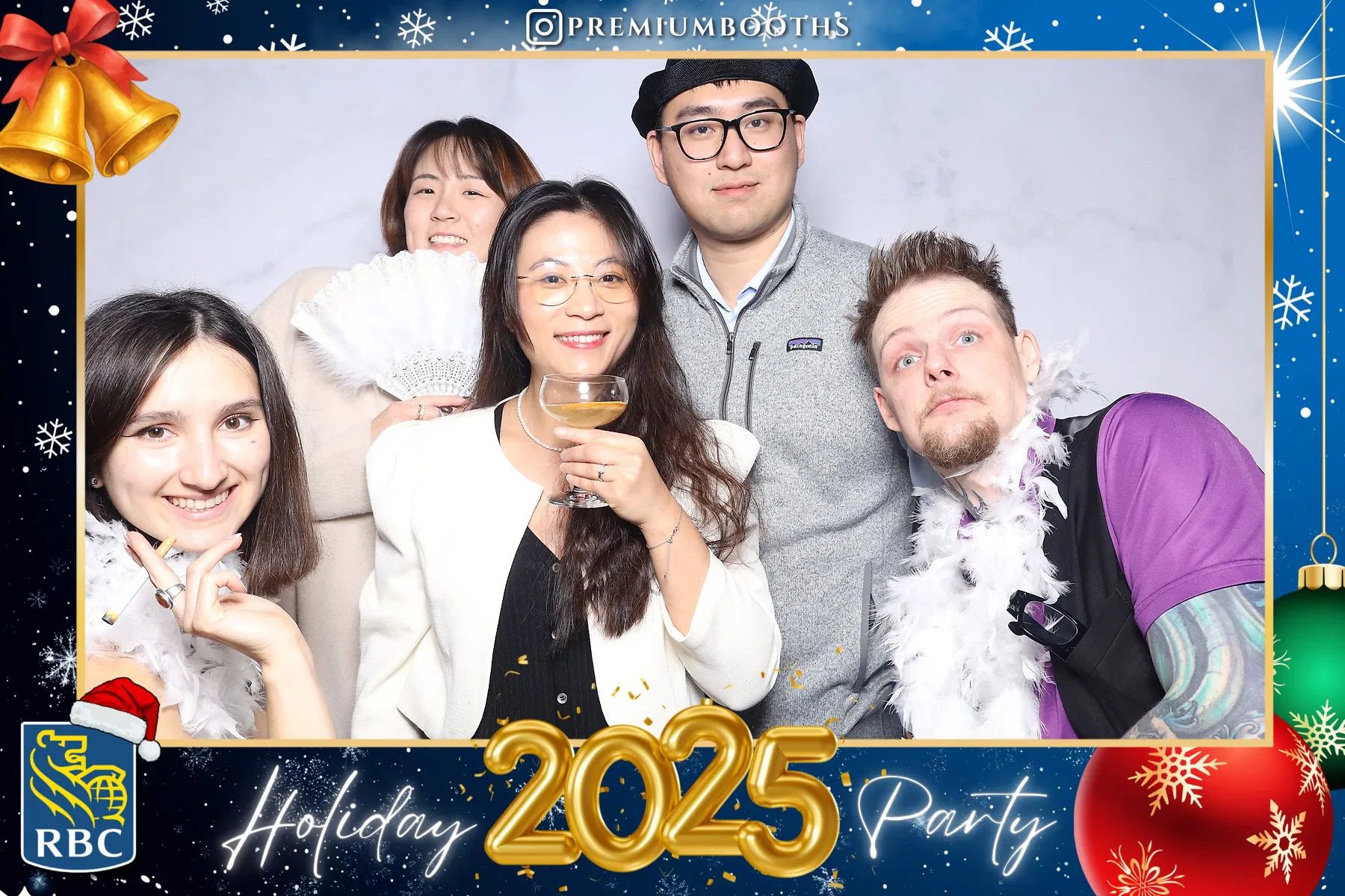 Group of friends celebrating the 2025 holiday party with festive smiles.