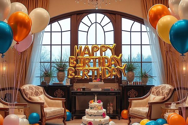Festive balloons and birthday cake display