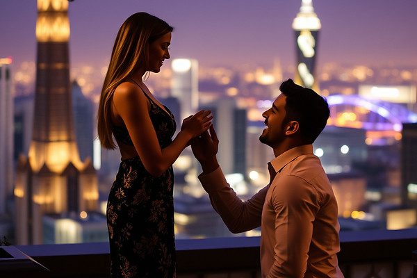 Romantic proposal on rooftop at night