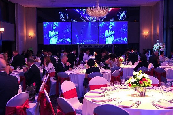 Formal event with round tables and flowers