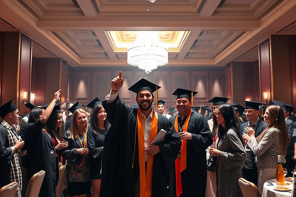 Graduates celebrating under a chandelier
