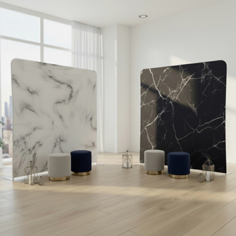 Stylish seating area with marble accents.