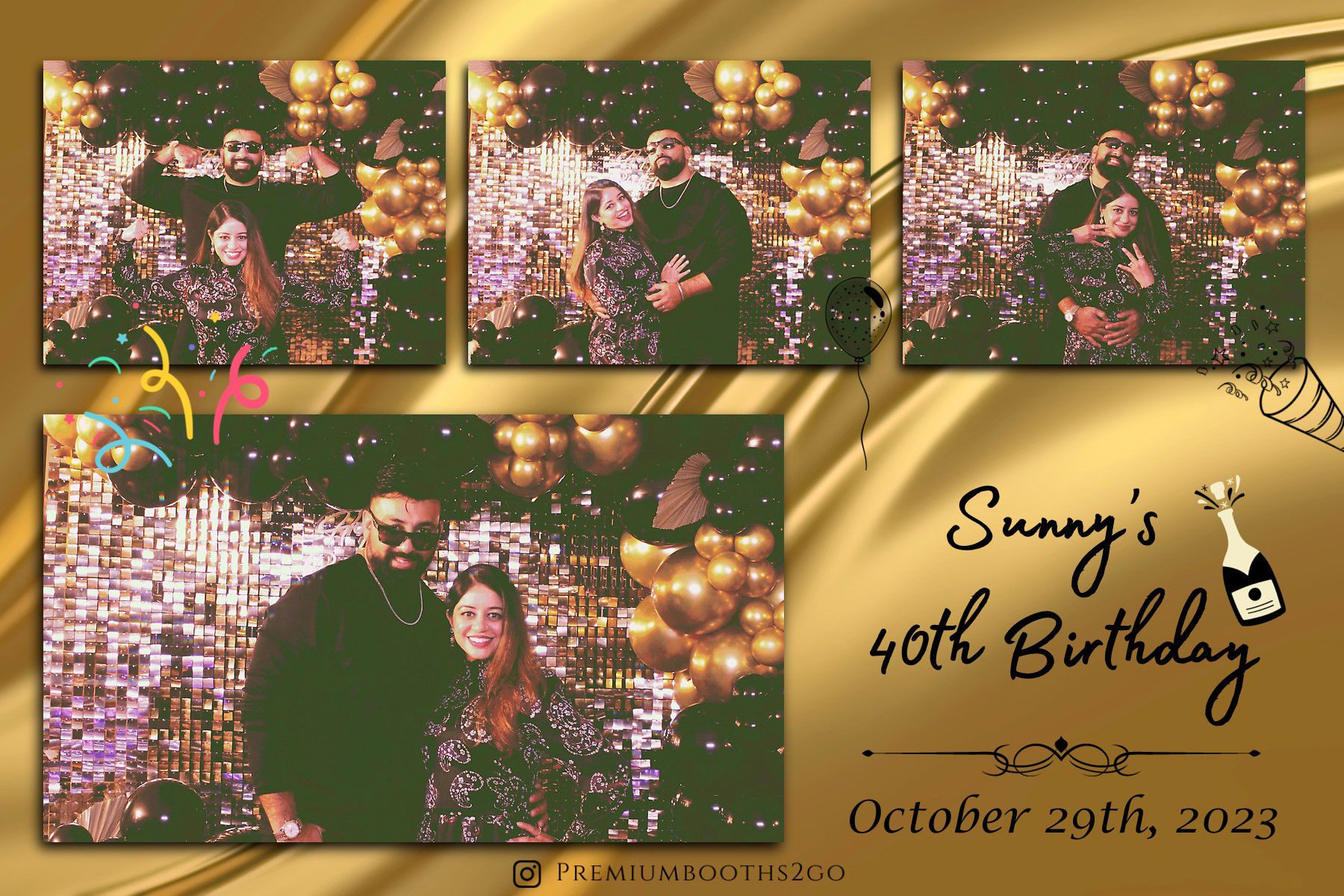Couple celebrating Sunny's 40th birthday with festive lights and decorations.