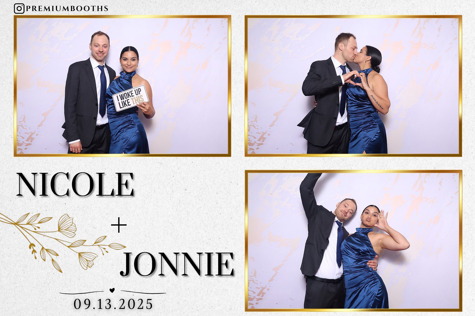Couple celebrating their wedding with fun photo booth moments.