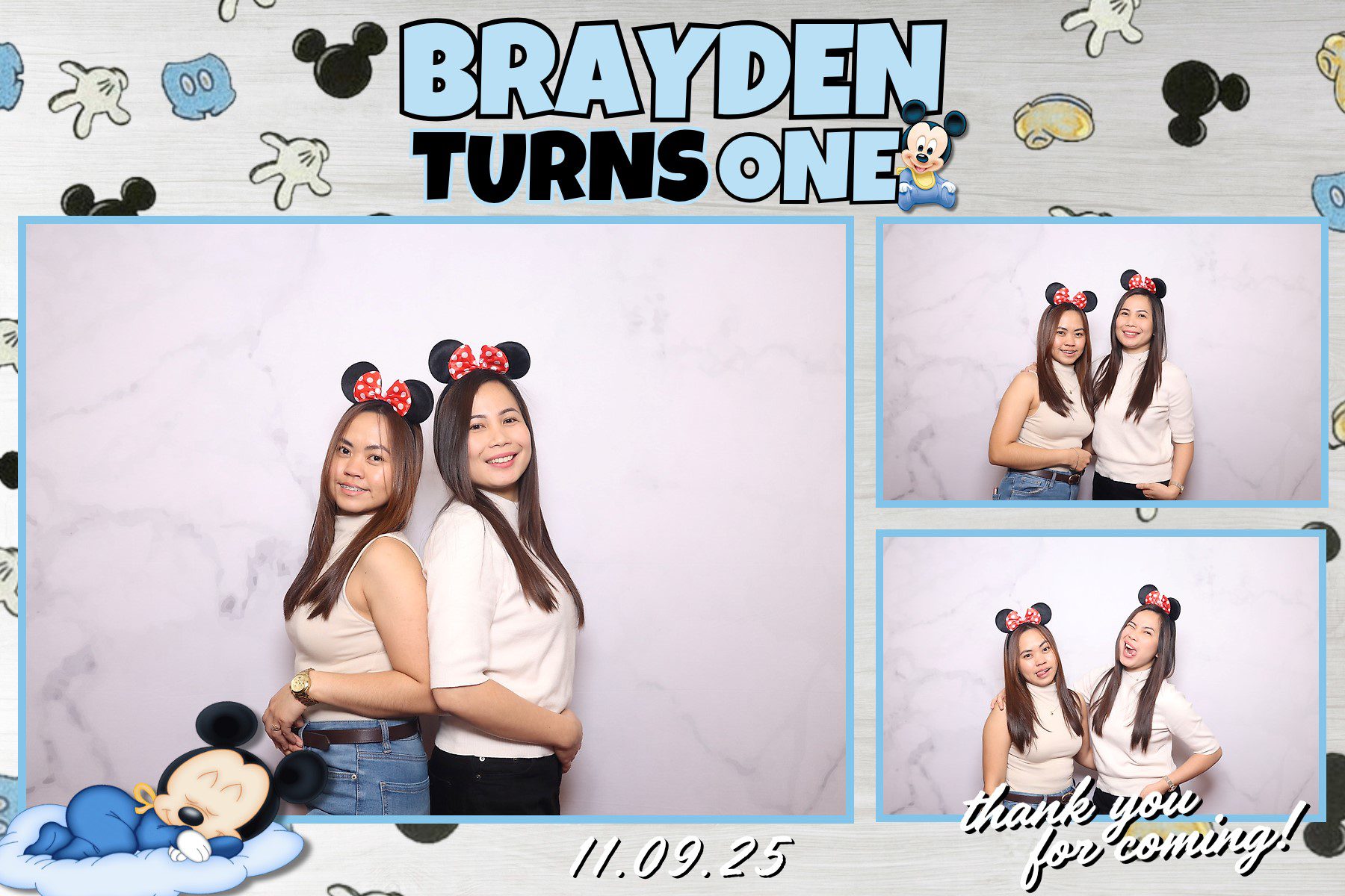 Two young women posing with Minnie Mouse ears at a birthday party photo booth.