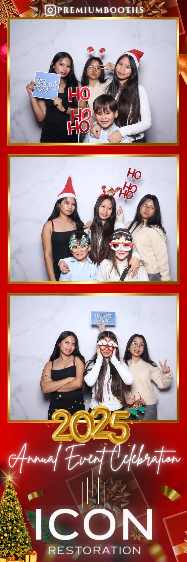 Friends in festive holiday attire pose for fun photo booth pictures.