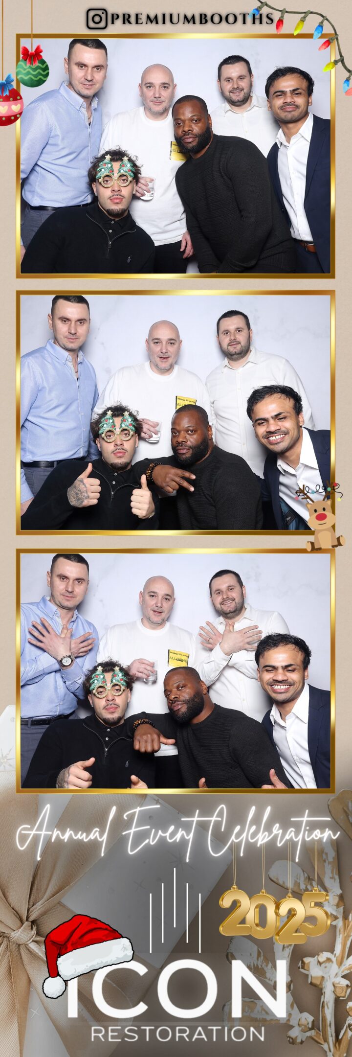 Group of friends posing happily in a photo booth with festive props.