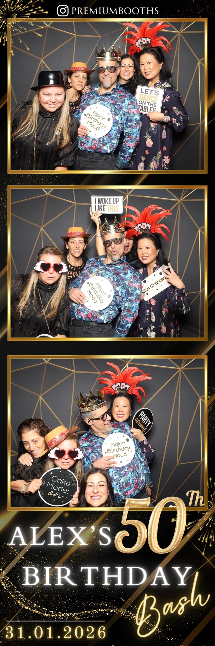 Friends wearing fun props and making silly faces at a photo booth.