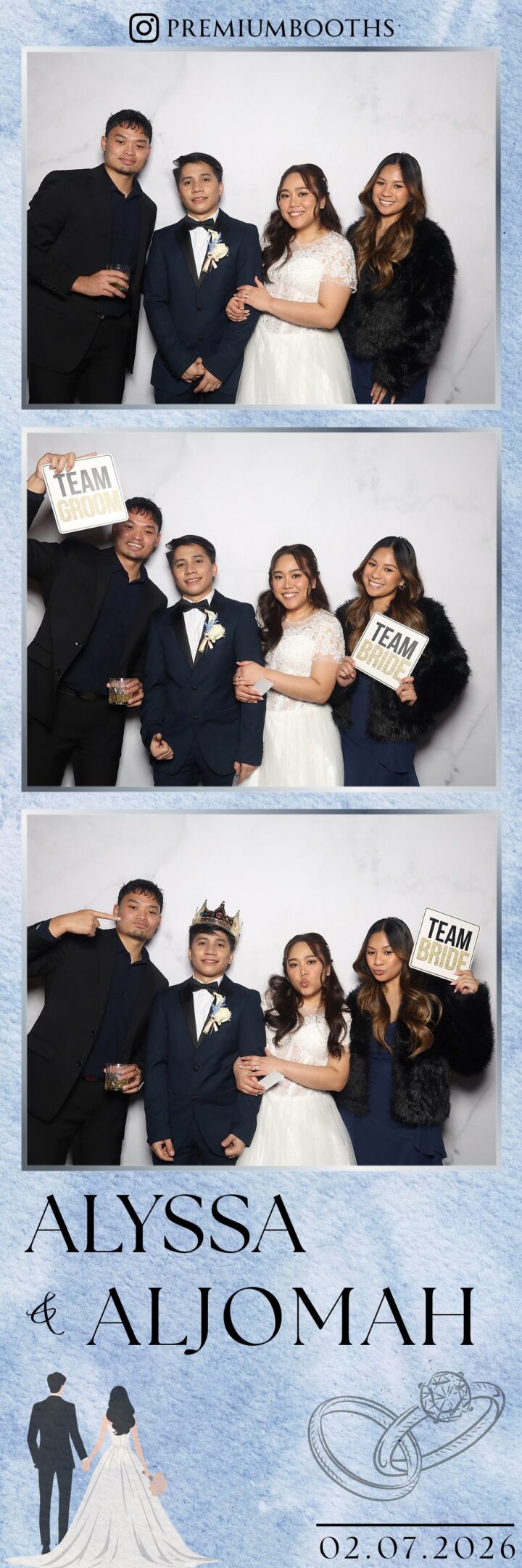 Group of friends dressed up, holding a 'TEAM' sign, posing for photos.
