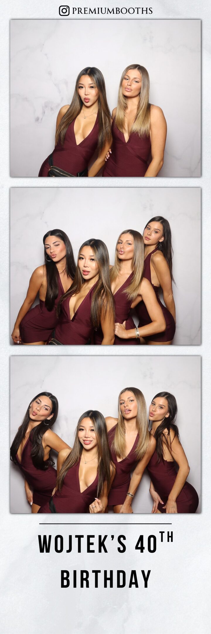 Four women in matching burgundy dresses posing together in two photos.