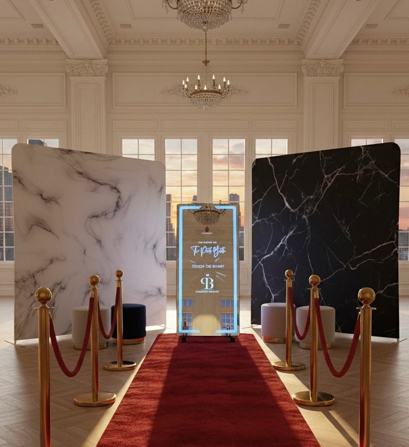 Luxurious marble slabs displayed with elegant lighting and red carpet.