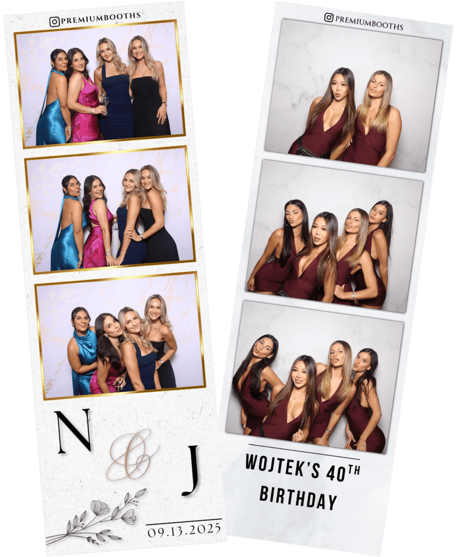 Two photo booth strips featuring groups of women celebrating a birthday.